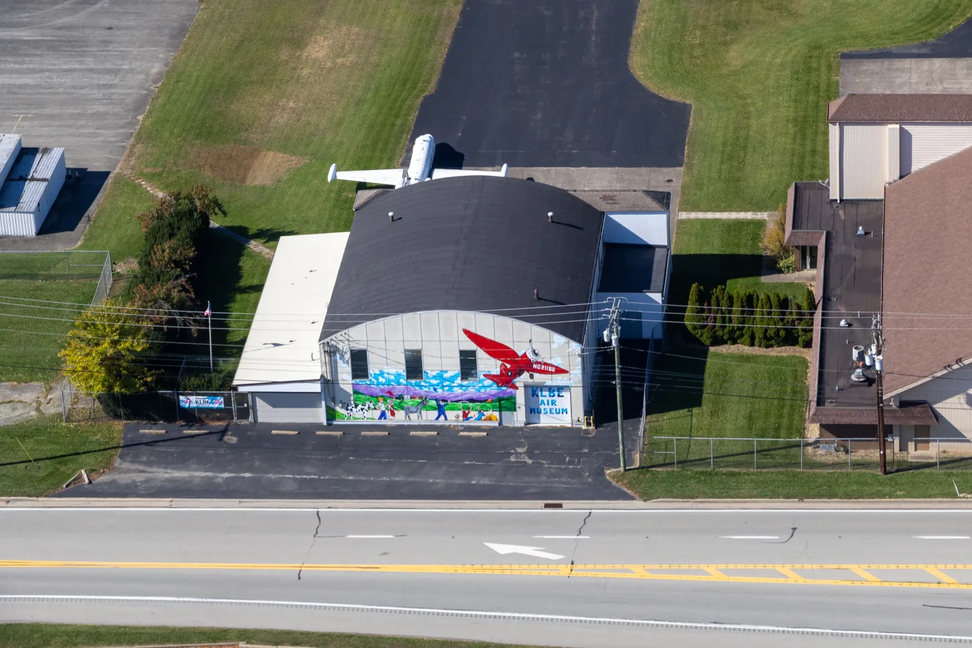The KLBE Air Museum's hangar on the east ramp, seen from above