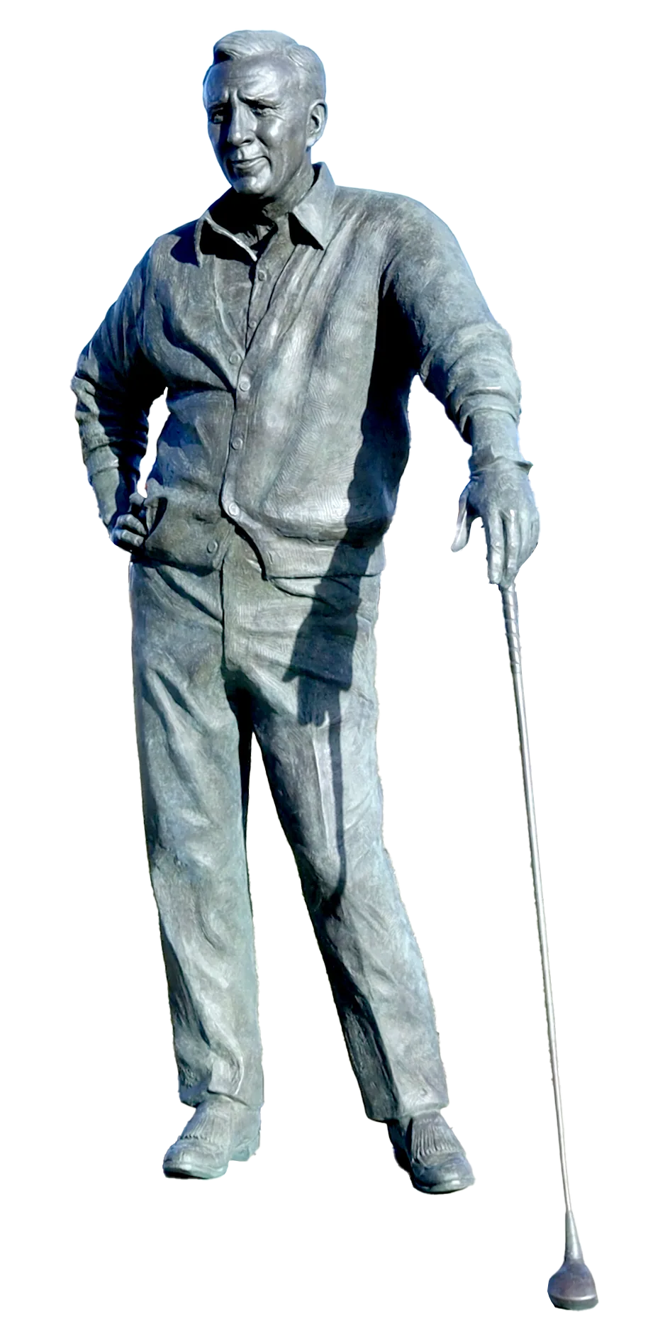 Bronze statue of Arnold Palmer, one hand on his hip and the other resting on a golf club